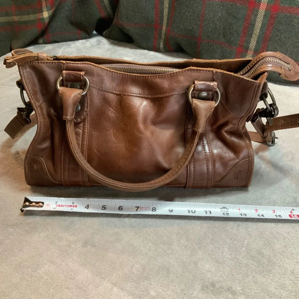 Frye Melissa Cognac Brown Leather Satchel Shoulder Bag Antique Brass Hardware